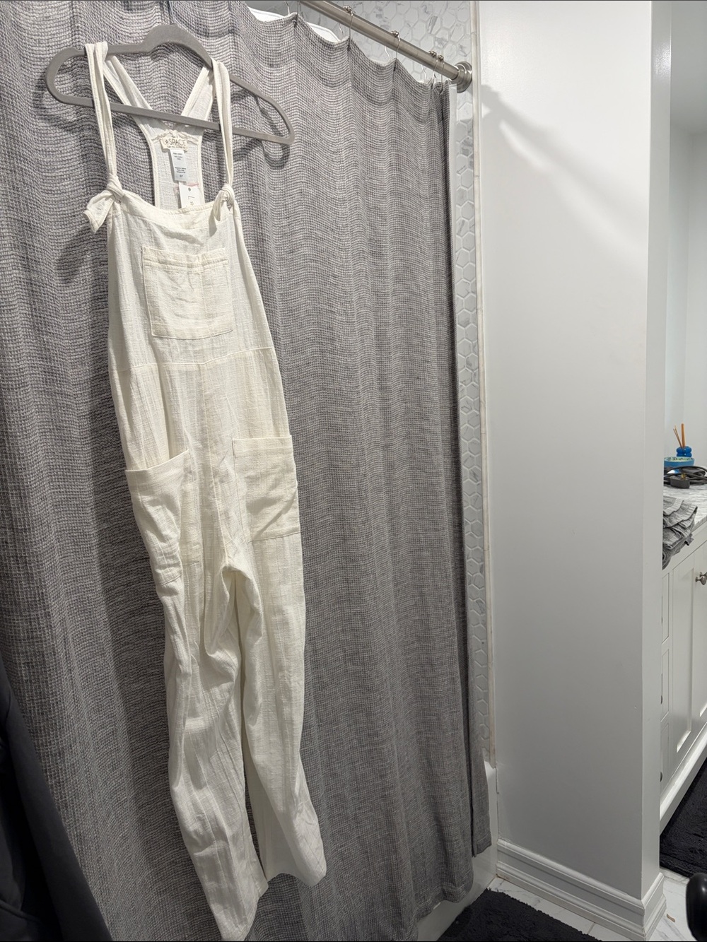 Women’s Cream Overalls Jumpsuit - Casual Tie-Strap Denim Alternative